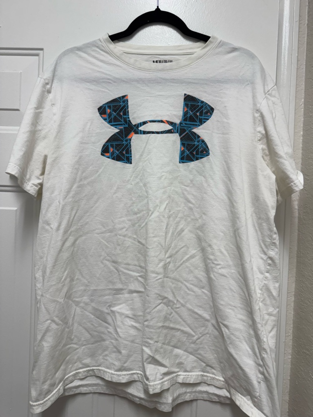 Under Armour White Short-Sleeve Tee with Blue Patterned Logo